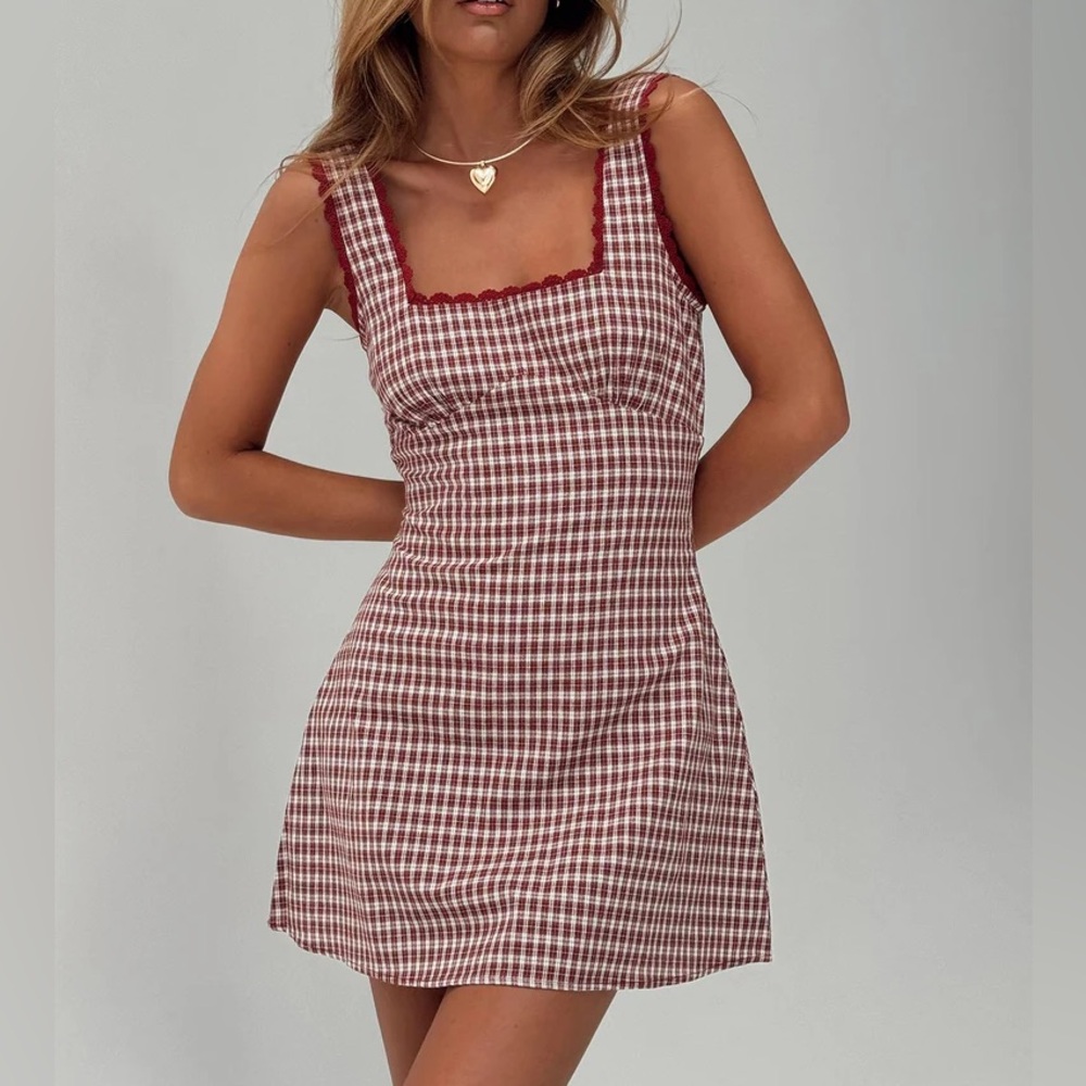 Princess Polly 🍅 Dasha Square Neck Mini Dress in Burgundy Red Check - NWT